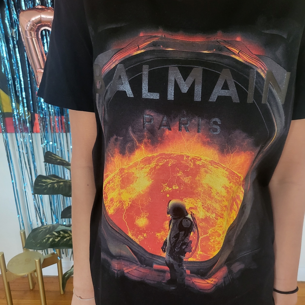 Balmain Paris Black Graphic Tee with Fiery Astronaut Print